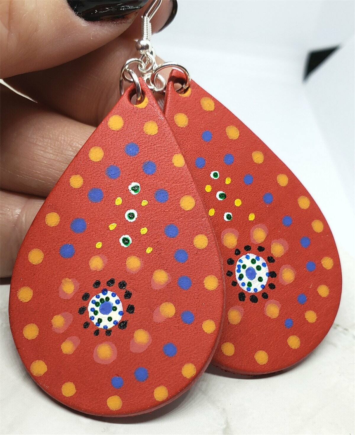 Aboriginal Style Dot Art Hand Painted on Red Real Leather Teardrop Shaped Earrings