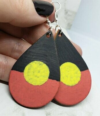 Australian Aboriginal Flag Real Leather Teardrop Shaped Earrings