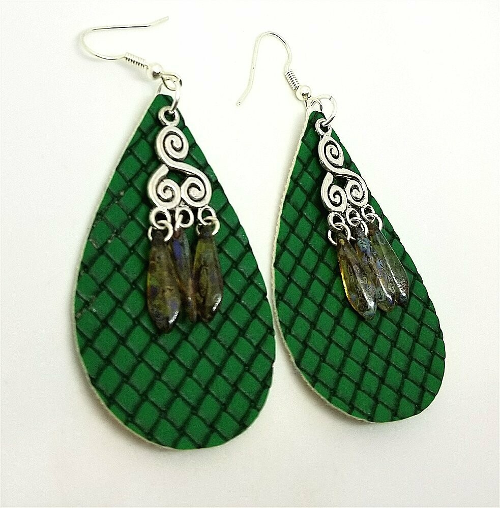 Basket Weave Embossed Green Teardrop Real Leather Earrings with Picasso Glass Bead Dangles