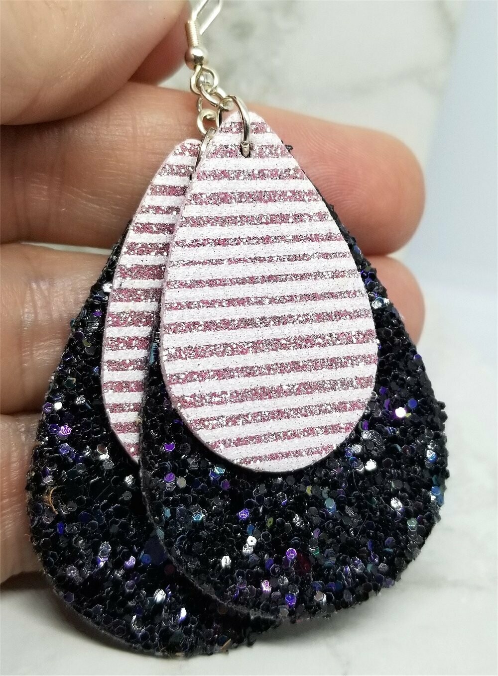 Black and Purple Glitter Very Sparkly Double Sided FAUX Leather Teardrops with Metallic Rose Gold Striped FAUX Leather Teardrop Overlay Earrings