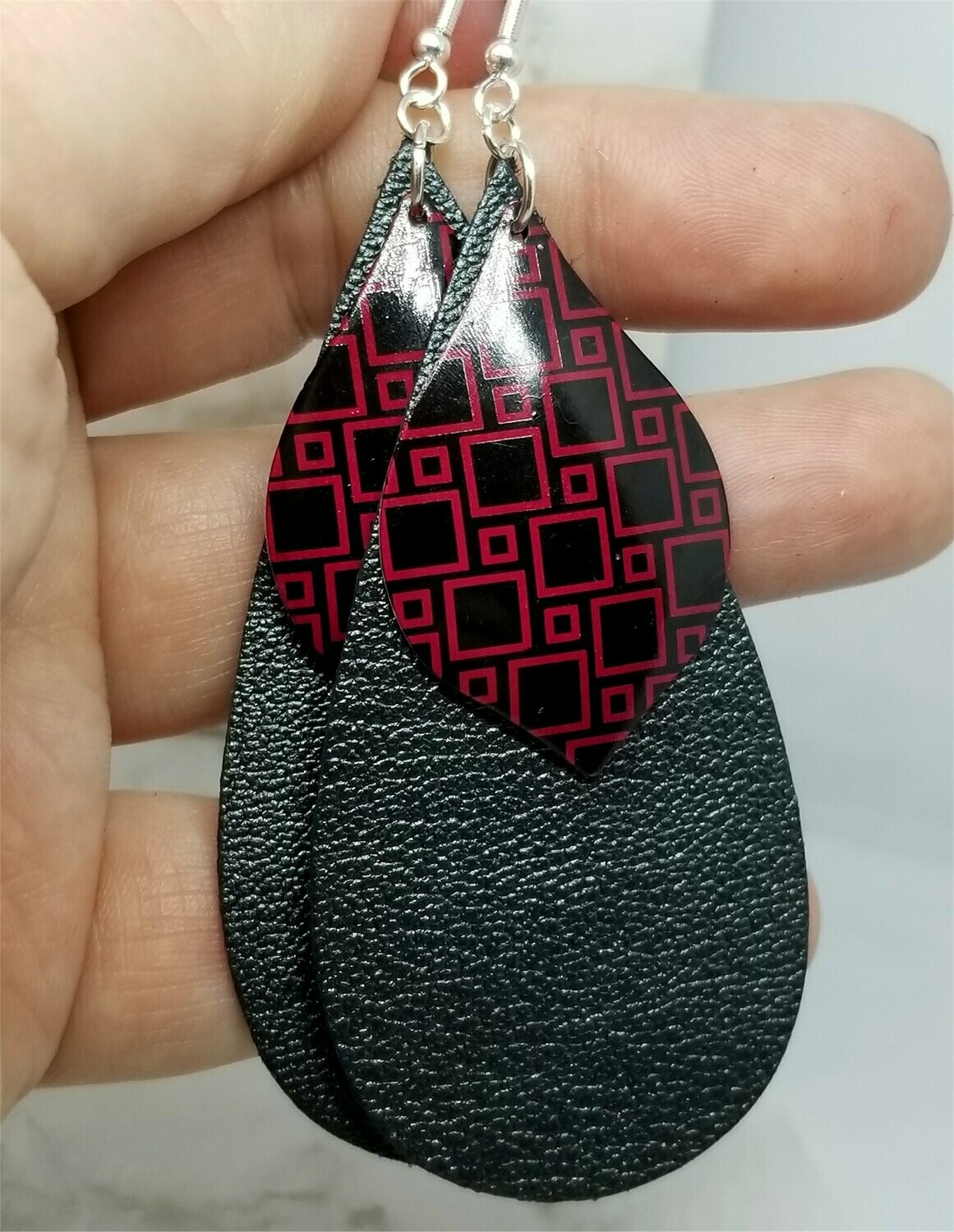 Black Elongated Teardrop Shaped Real Leather Earrings with Red and Black Pendant Overlays