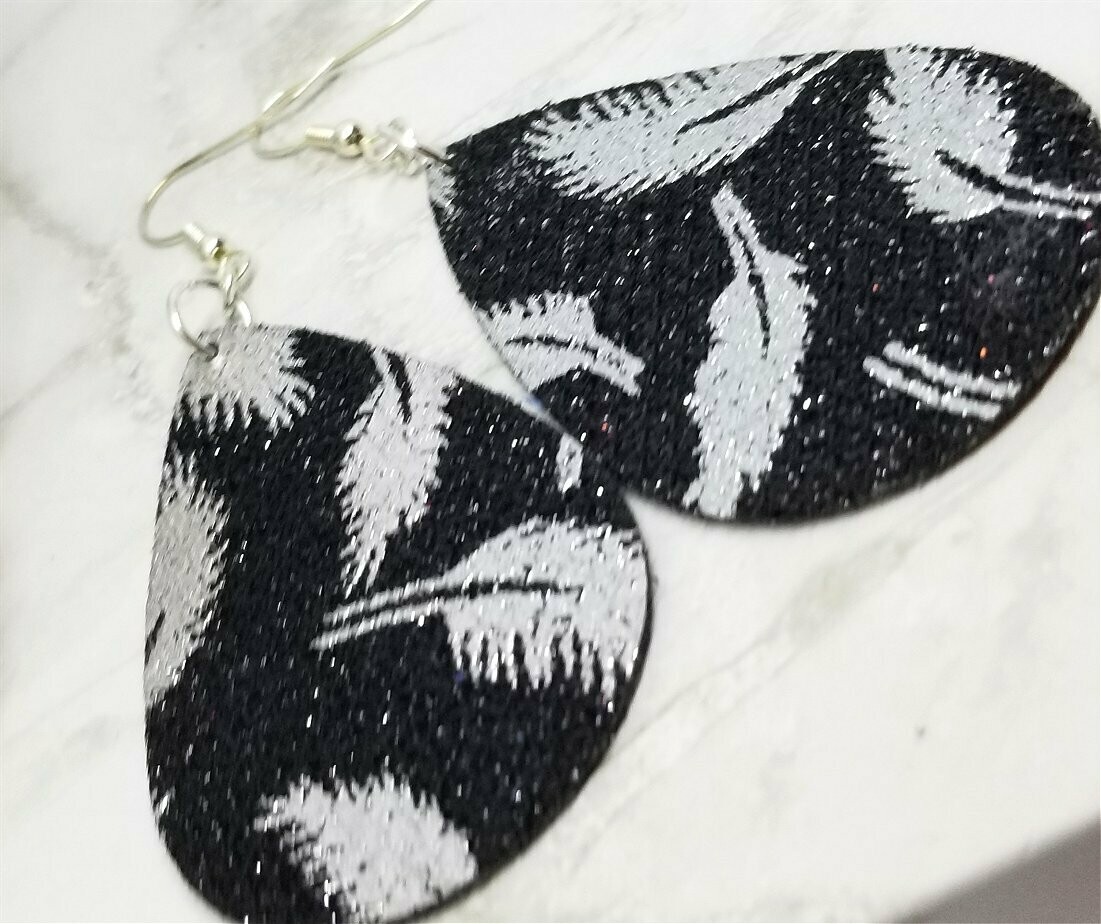 Black Glittering FAUX Leather Teardrop Earrings with Silver Metallic Feathers Printed On Them
