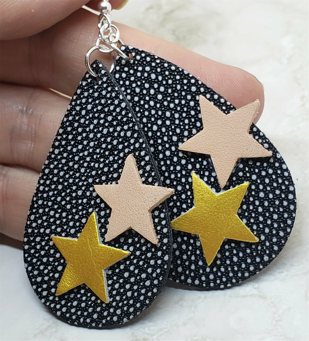 Black Spotted with Gray Tear Drop Shaped FAUX Leather Earrings with Star Embellishments