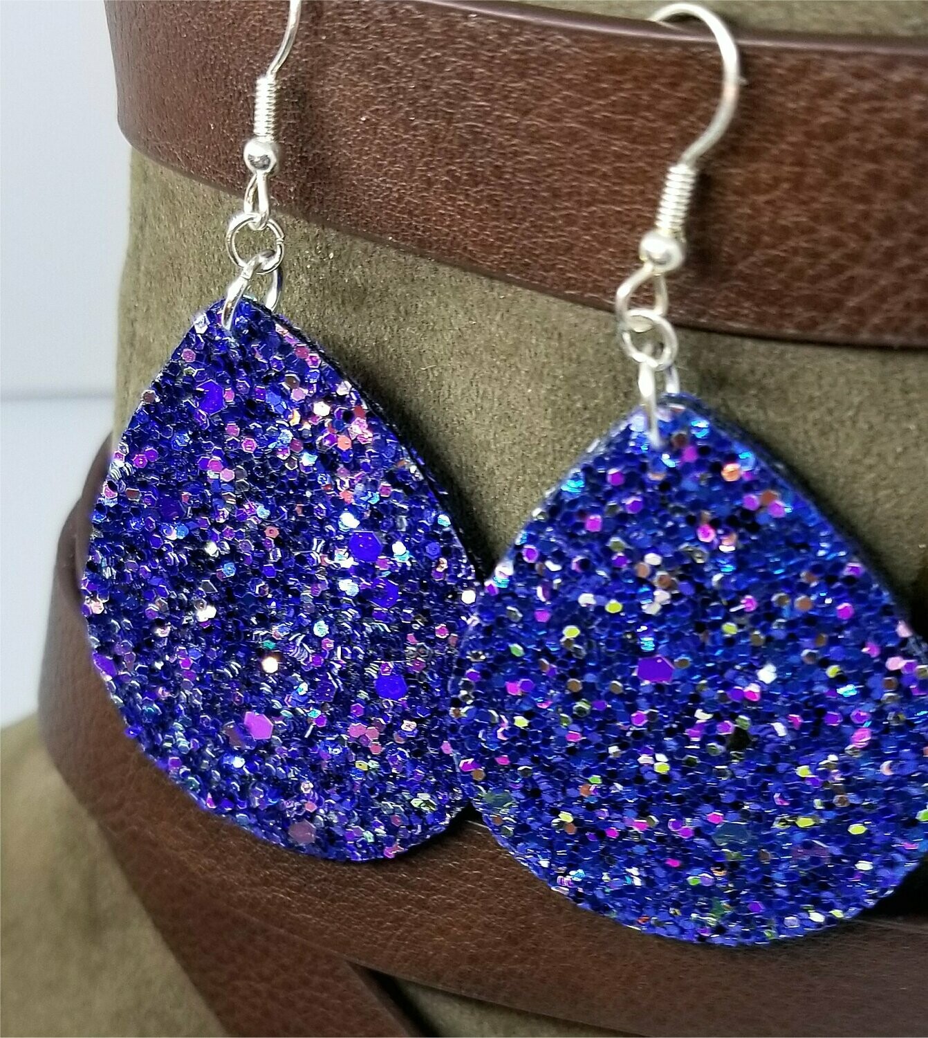 Blue Glitter Very Sparkly Double Sided FAUX Leather Teardrop Earrings with Color Shifting Chunky Glitter