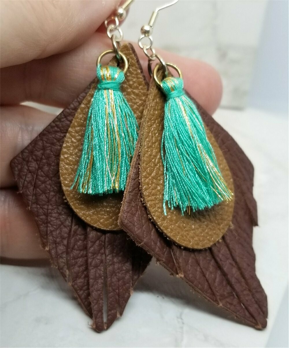 Brown Fringed Diamond Shaped Real Leather Earrings with Tear Drop and Turquoise Colored String Tassels