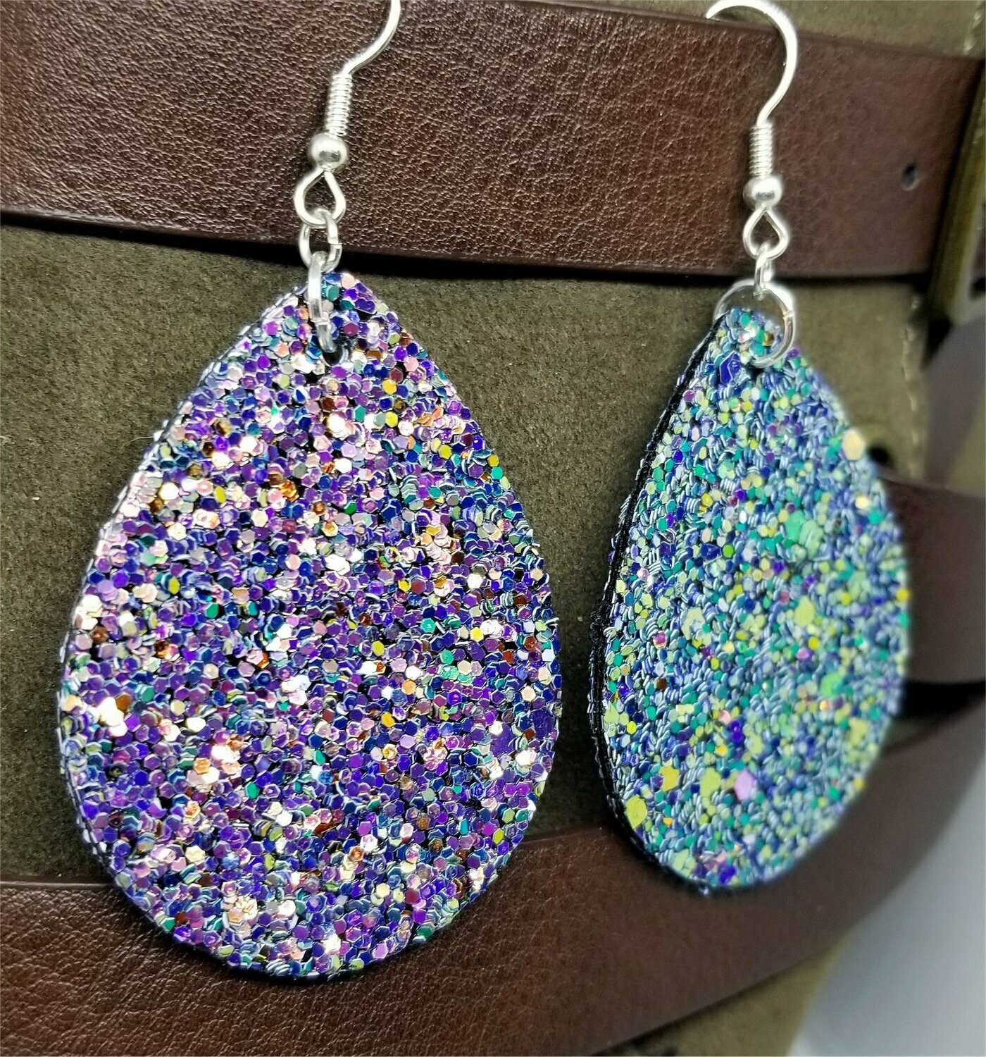 Color Shifting Glitter Very Sparkly Double Sided FAUX Leather Teardrop Earrings