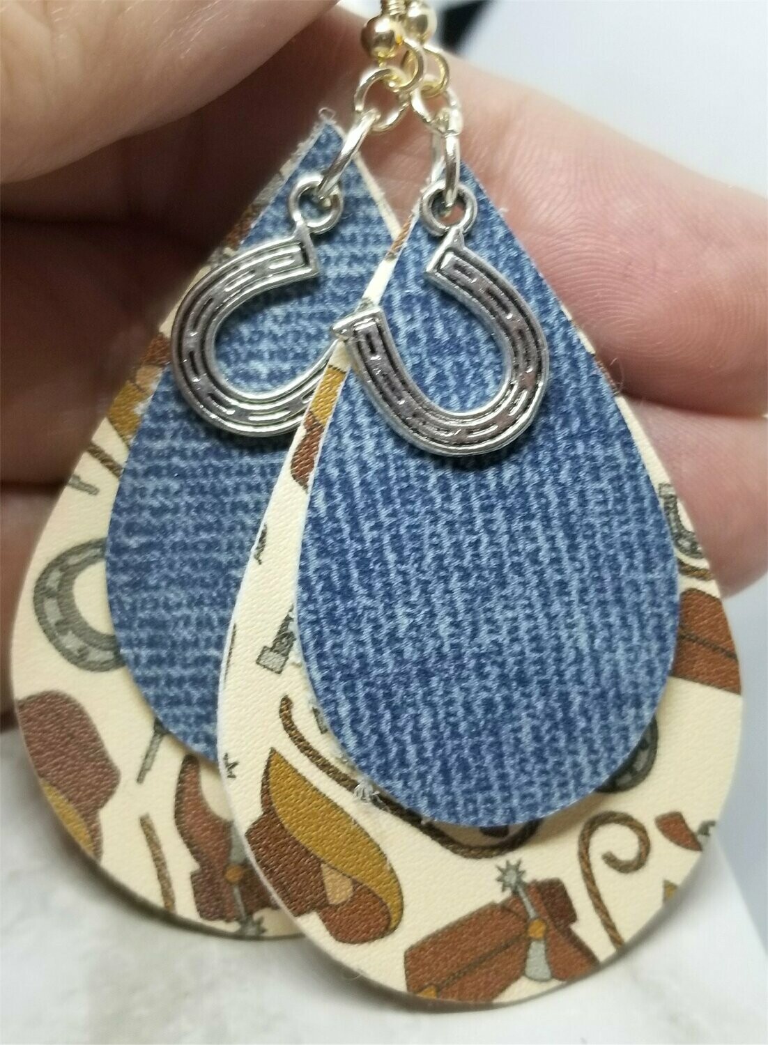 Cowboy Themed Faux Leather Earrings with a Denim Finish Tear Drop Shaped Real Leather Overlay and Horseshoe Charm