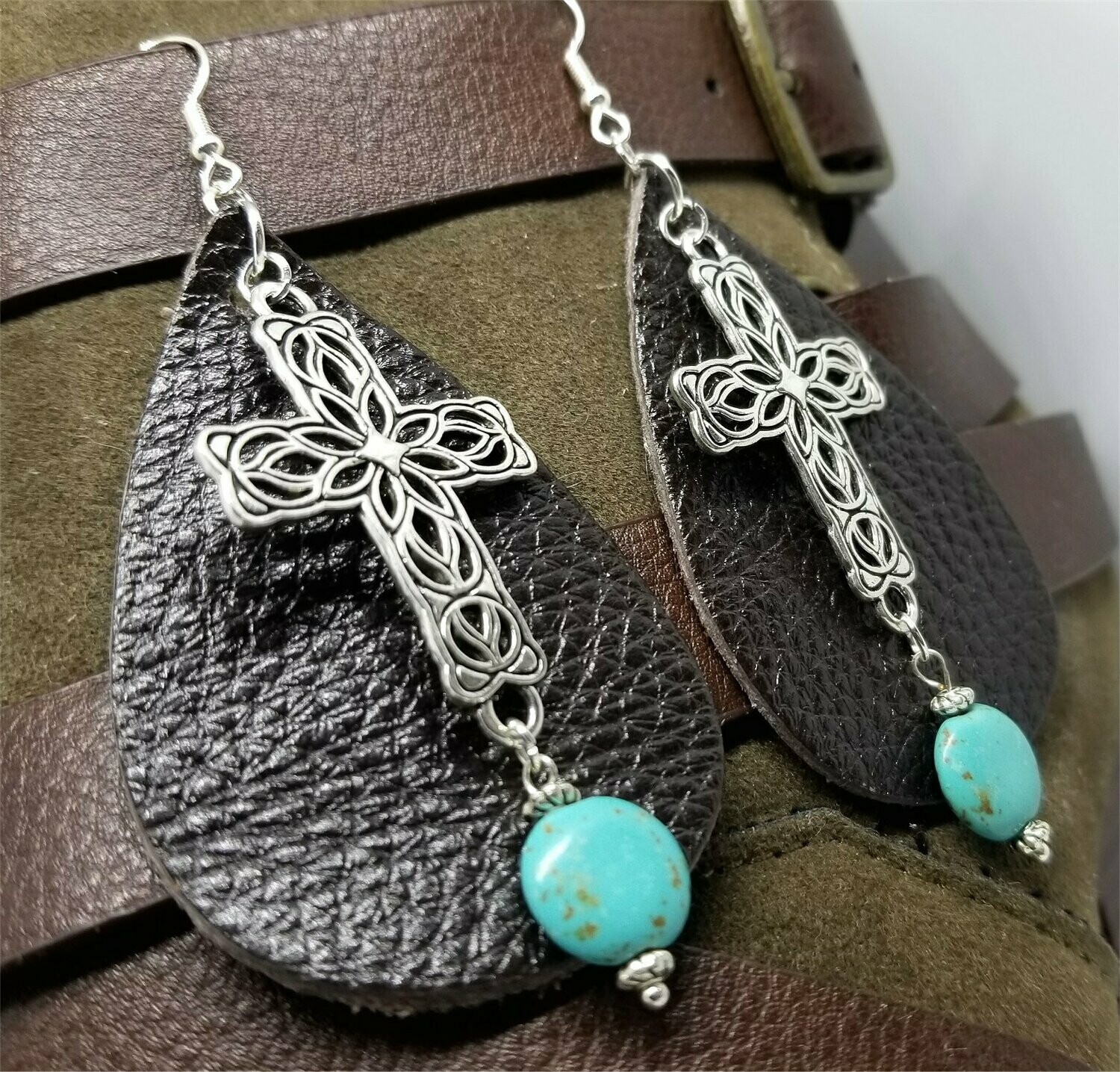 Dark Brown Real Leather Earrings with Silver Cross and Magnesite Dangles