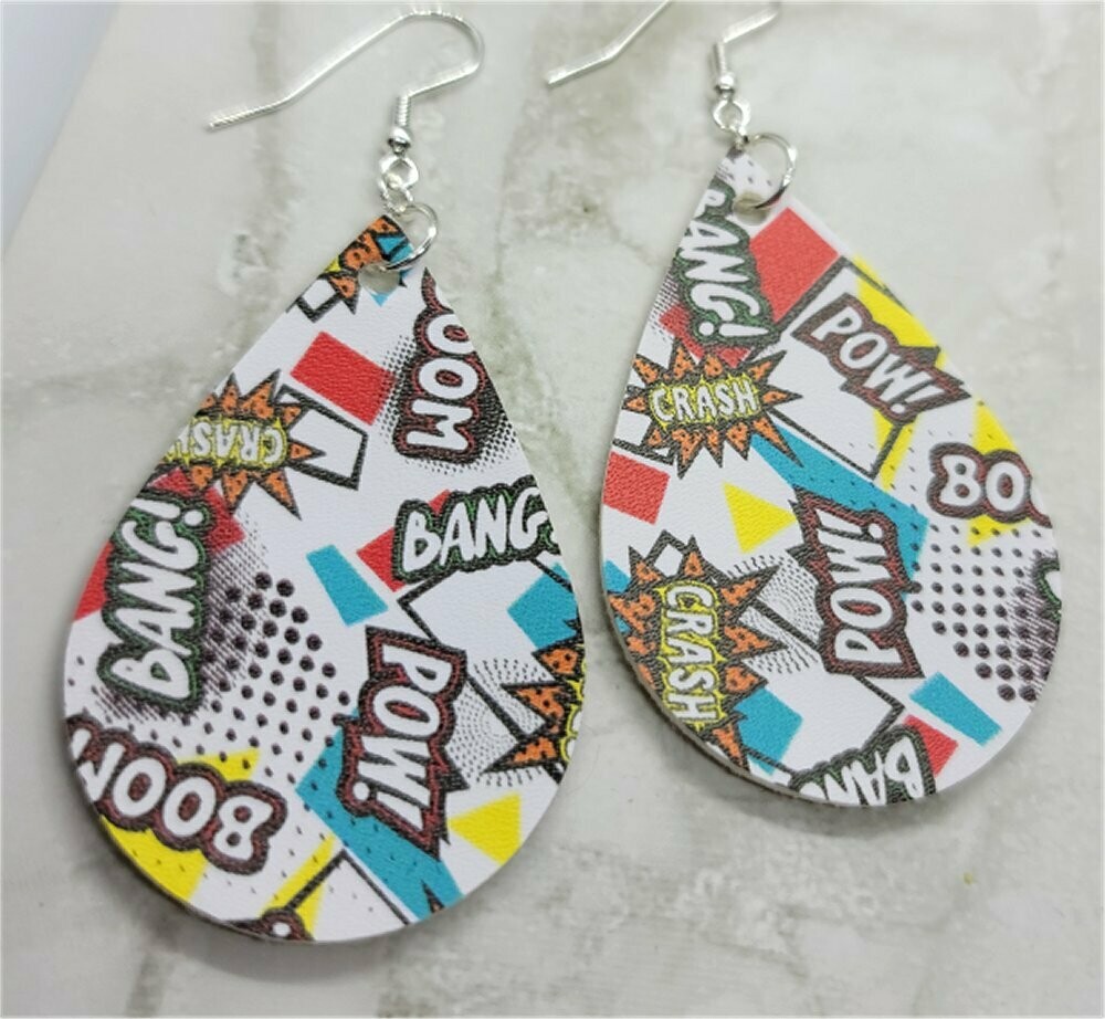 Comic Book Action Expression Tear Drop Shaped FAUX Leather Earrings