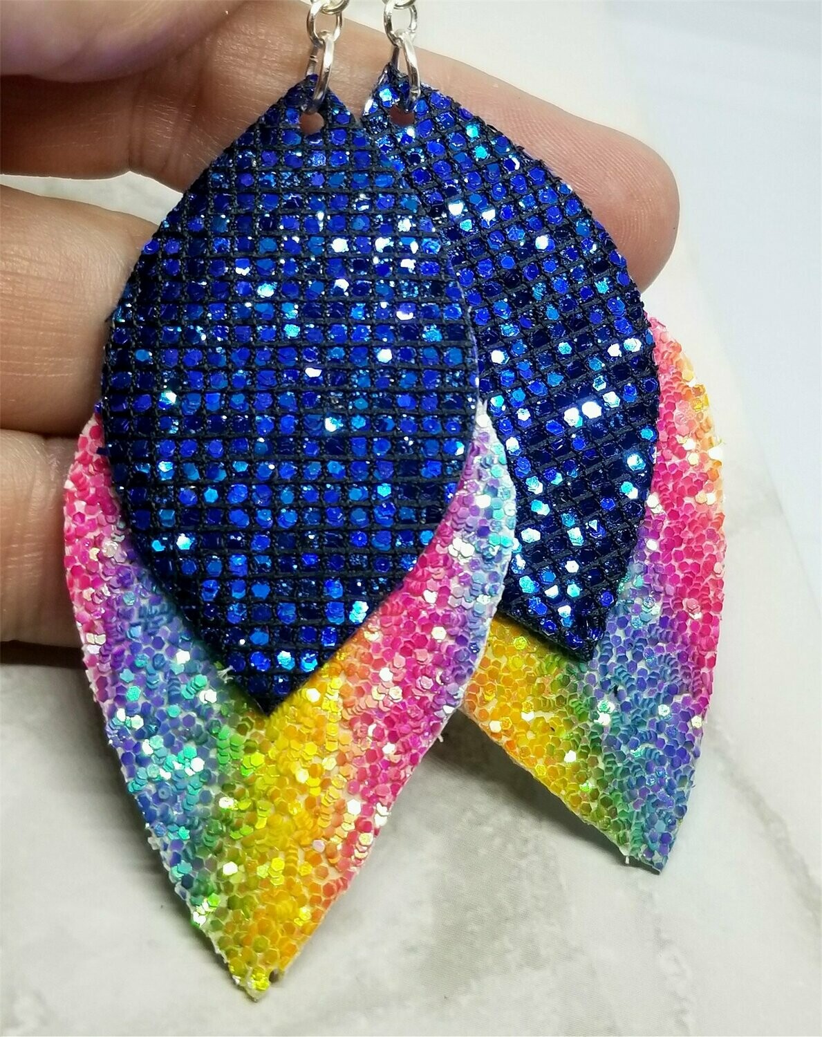 Deep Blue Glitter Faux Leather Over Rainbow Colored Glitter Faux Leather Earrings