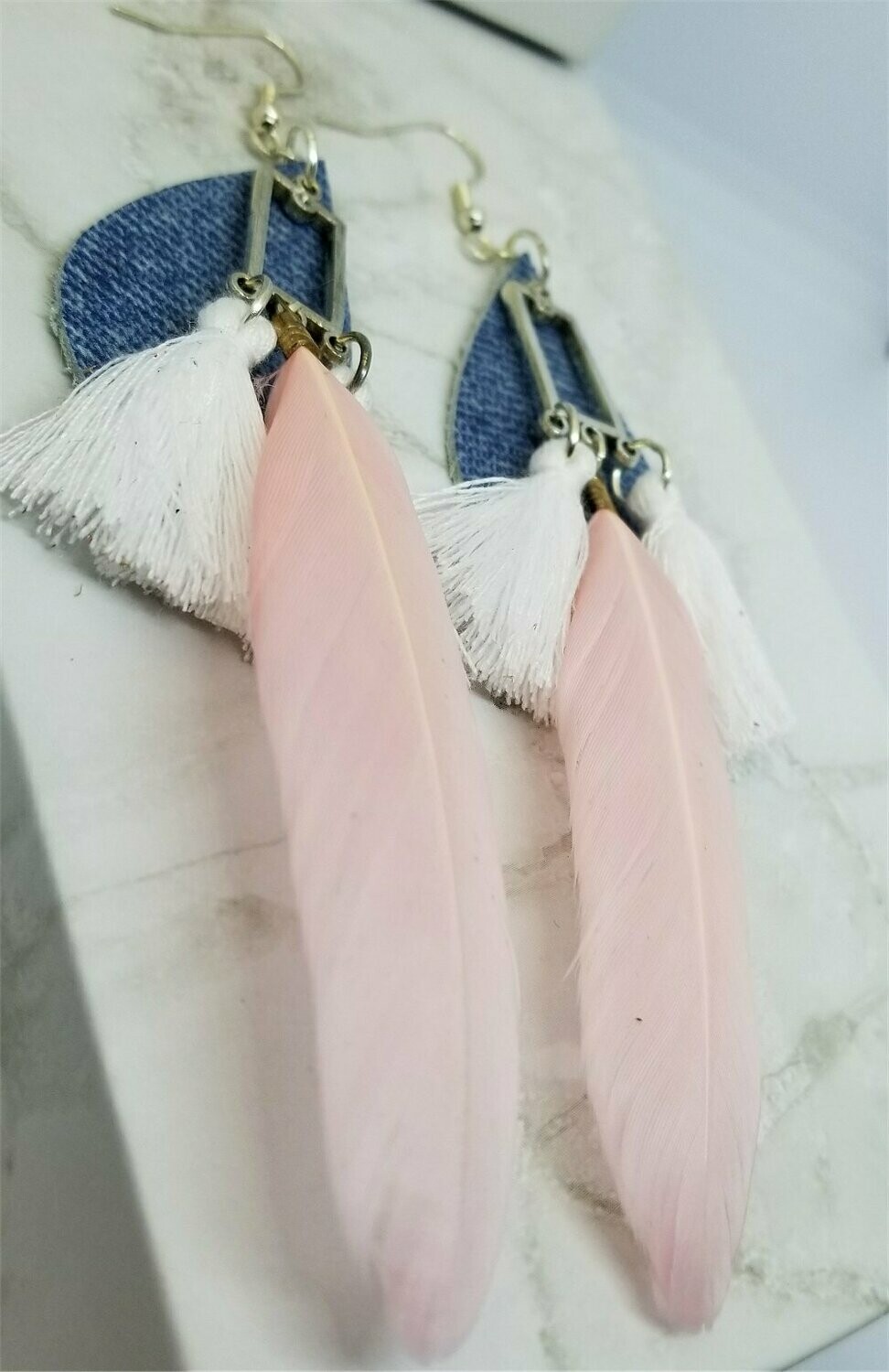 Denim Teardrop Shaped Real Leather Earrings with String Tassels and Feathers