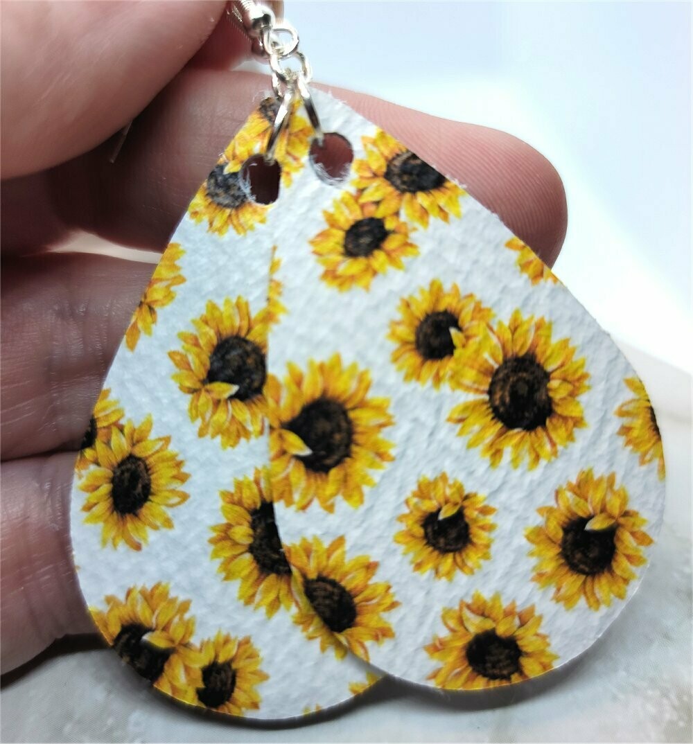 Sunflowers Printed on White Real Leather Teardrop Earrings