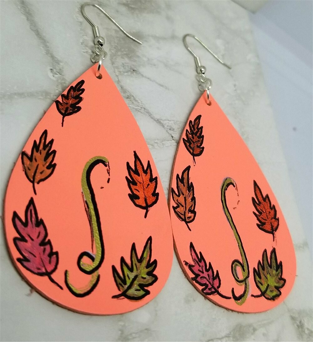 Hand Painted Autumn Foliage on Peach Real Leather Teardrop Shaped Earrings
