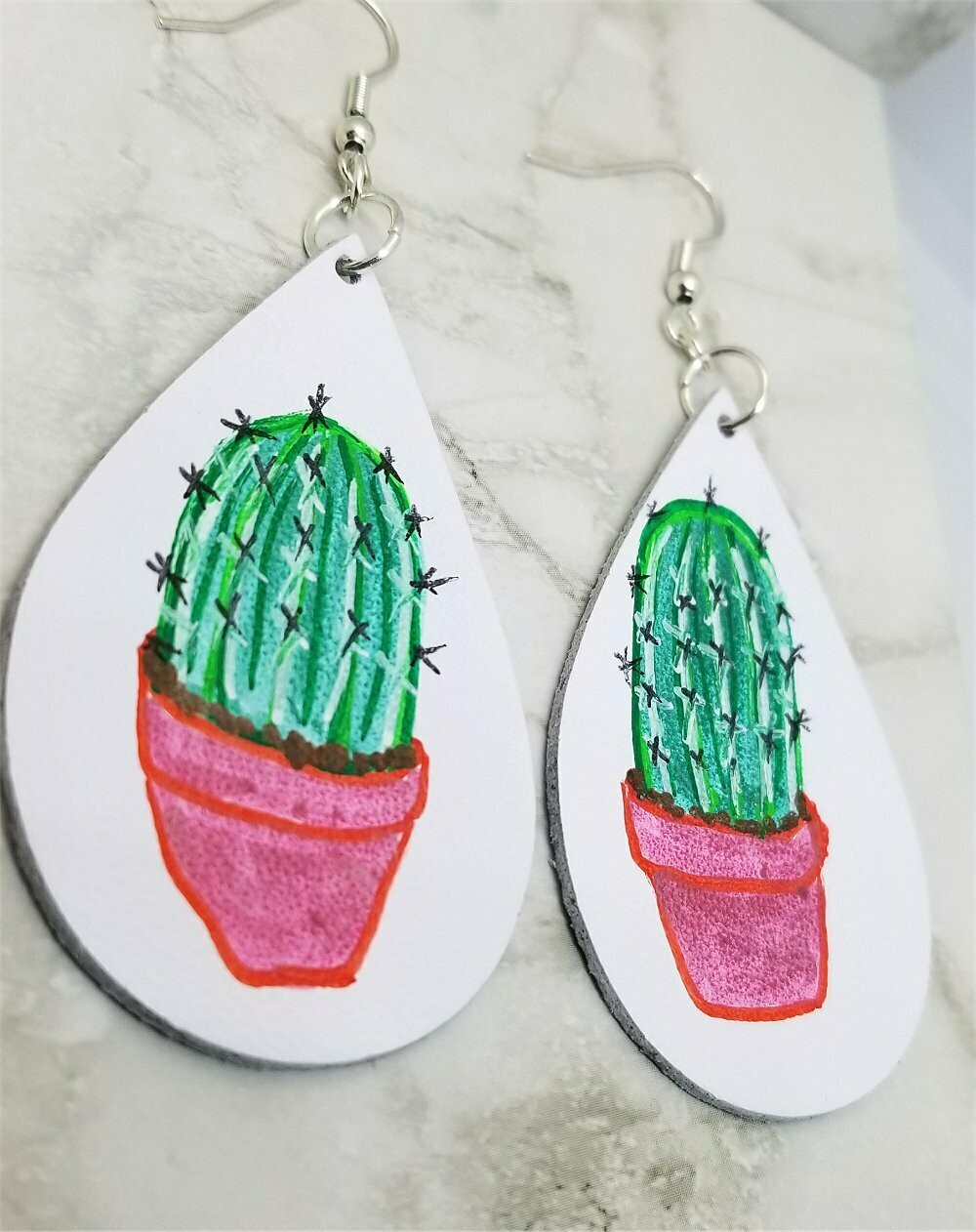 Hand Painted Cactus on White Real Leather Teardrop Shaped Earrings