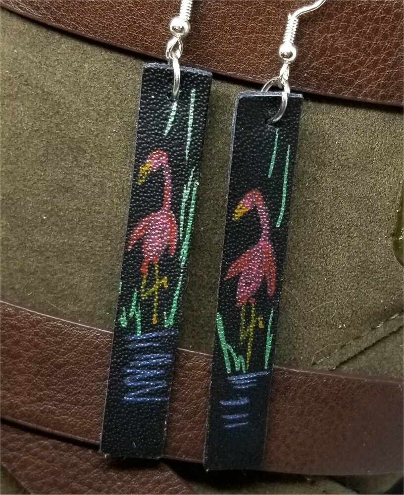 Hand Painted Flamingo on Black Real Leather Strip Earrings