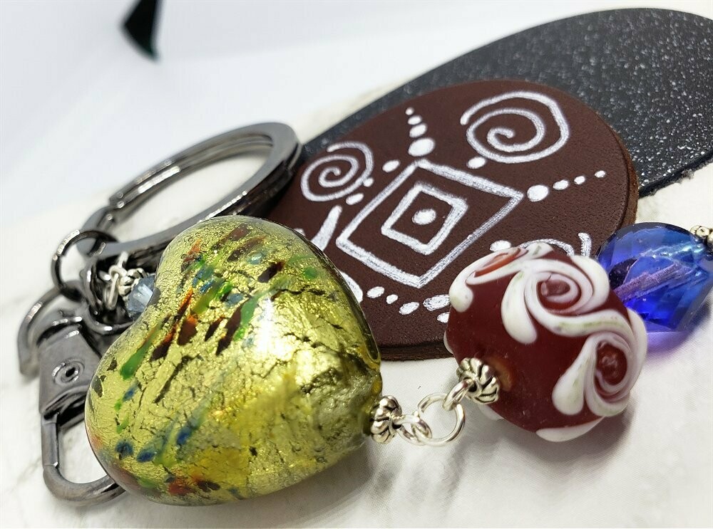 Hand Painted Real Leather with a Glass Bead Dangle on a Gunmetal Keychain