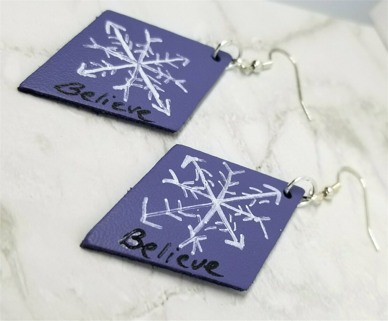 Hand Painted Snowflake "Believe" on Blue Real Leather Diamond Shaped Earrings