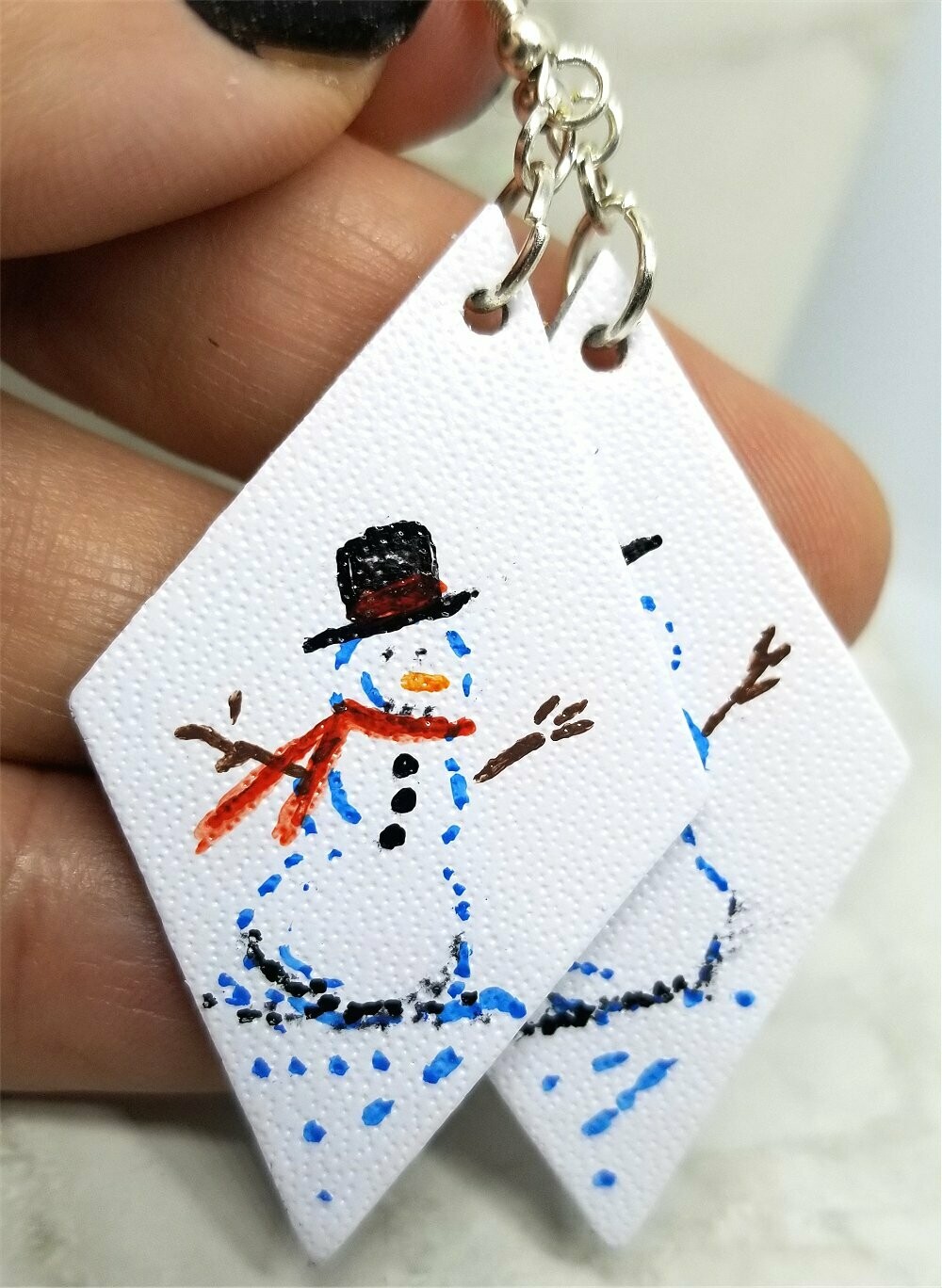 Hand Painted Snowman on White Real Leather Diamond Shaped Earrings