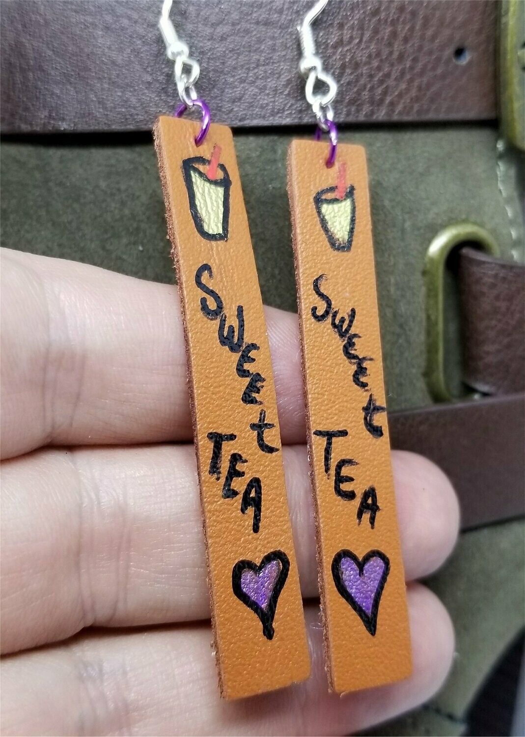 Hand Painted Sweet Tea Themed on Brown Real Leather Strip Earrings