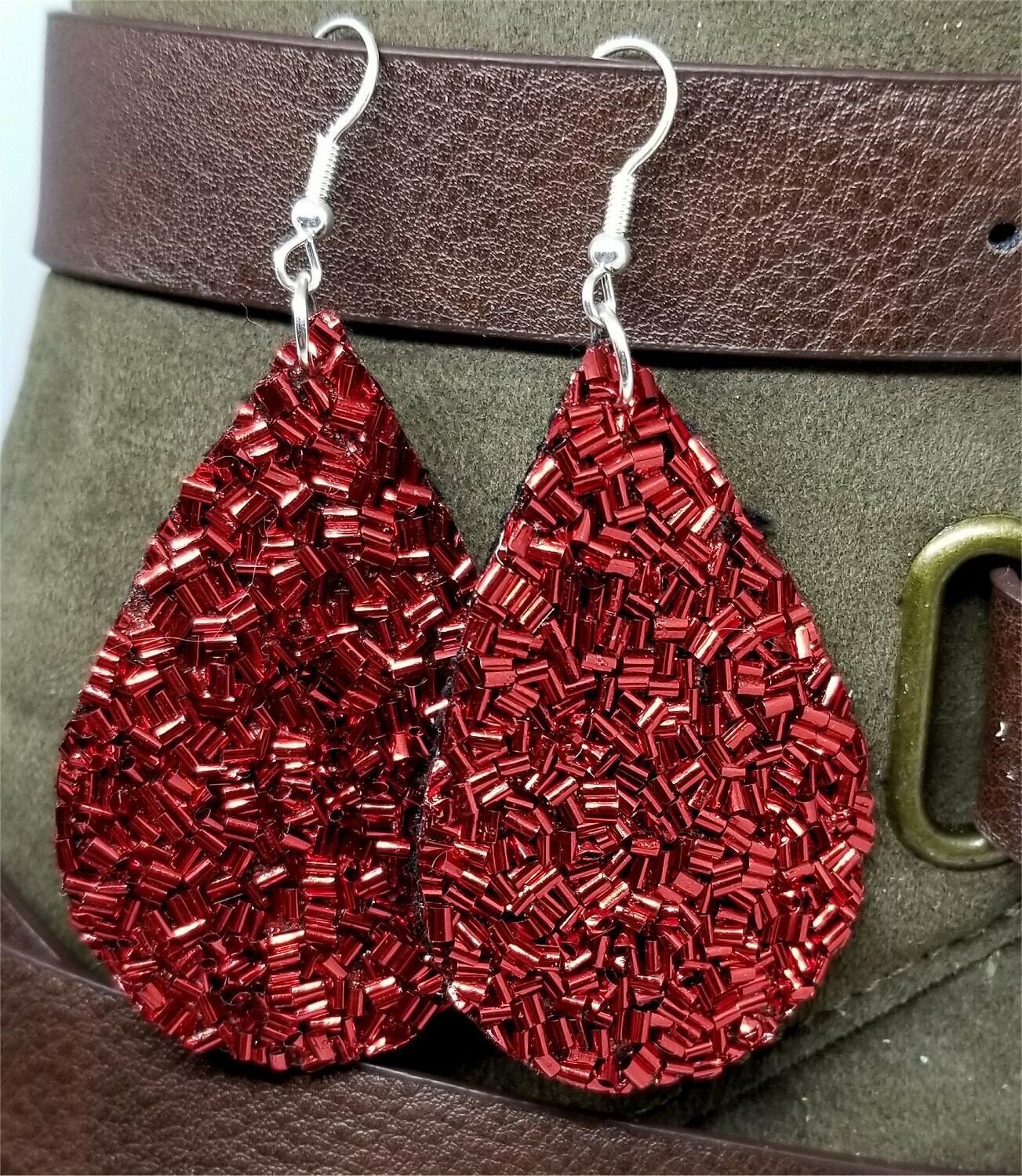 Long Chunky Red Glitter Very Sparkly FAUX Leather Teardrop Earrings