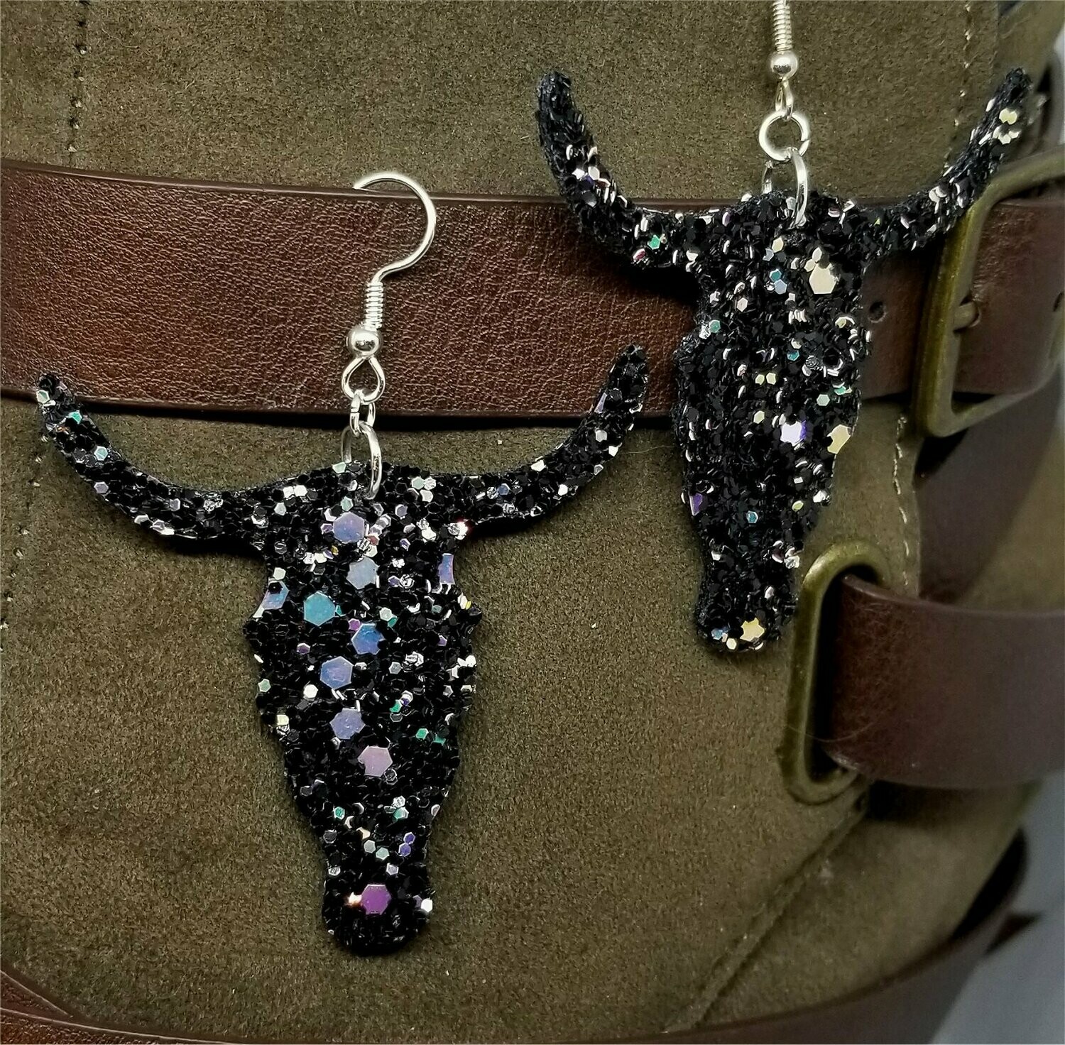 Black and AB Glitter Very Sparkly Double Sided FAUX Leather Longhorn Skull Earrings