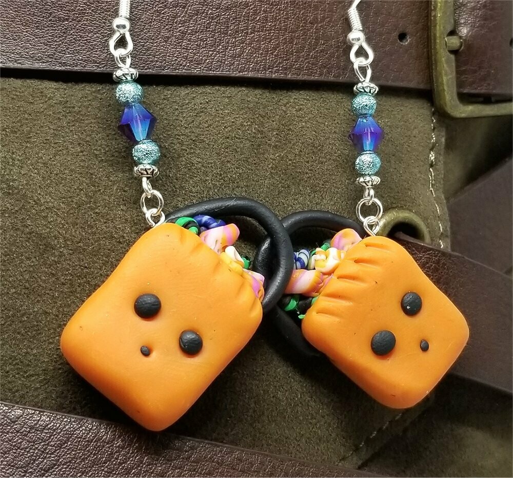 Trick or Treat Bag Polymer Clay Earrings with Purple AB Swarovski Crystals