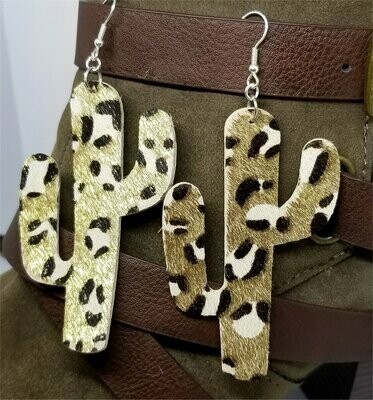 Large Cactus Shaped Metallic Leopard Print Cork Earrings