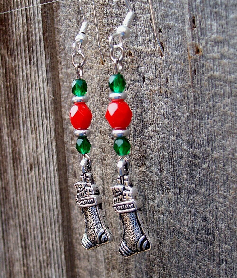 Red and Green Glass Bead Earrings with Christmas Stocking Charm Dangles