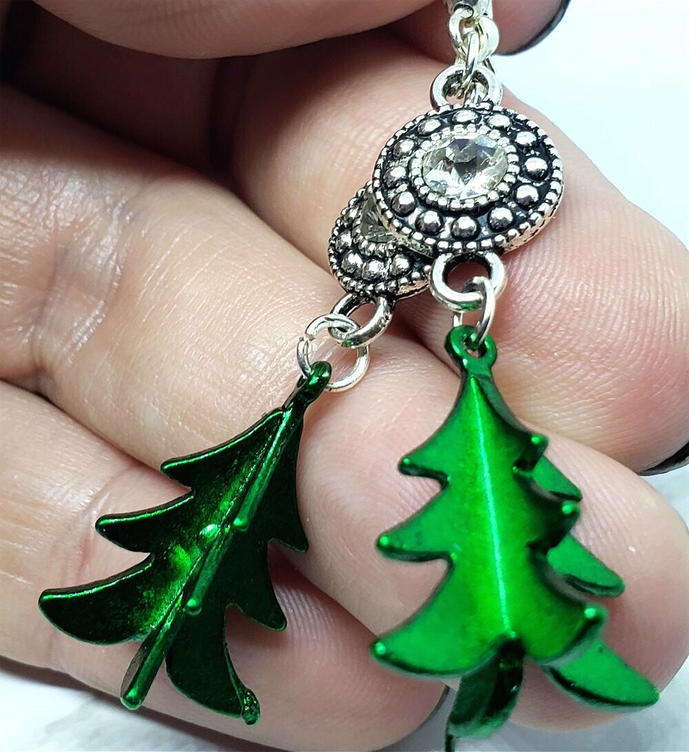 Green Metal Christmas Tree Charm Earrings with Clear Crystal Charms
