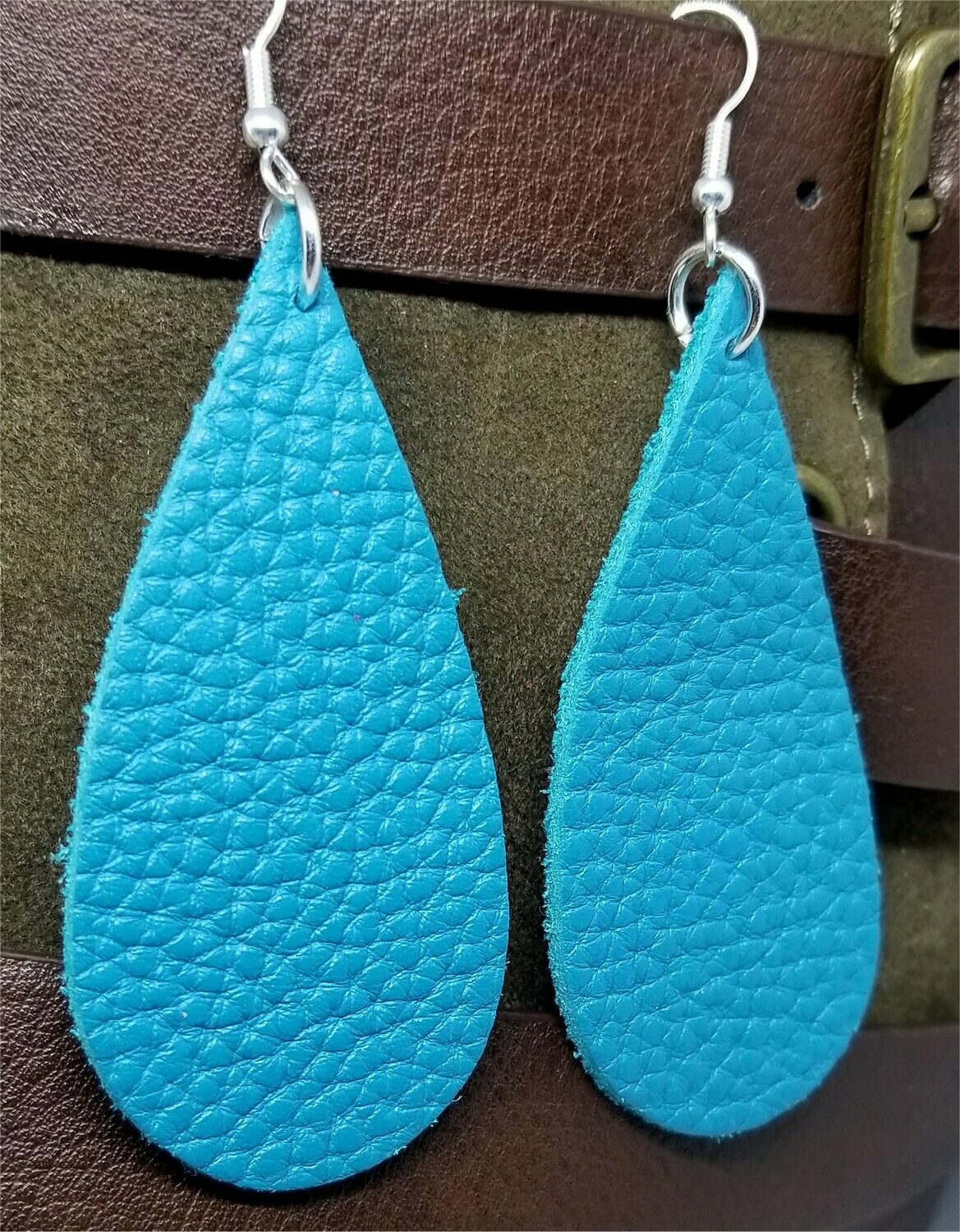 Long Teardrop Shaped Turquoise Colored Leather Earrings