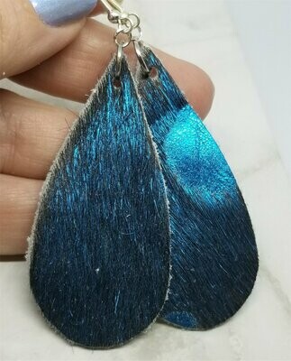 Metallic Blue Hair on Hide Leather Long Teardrop Earrings