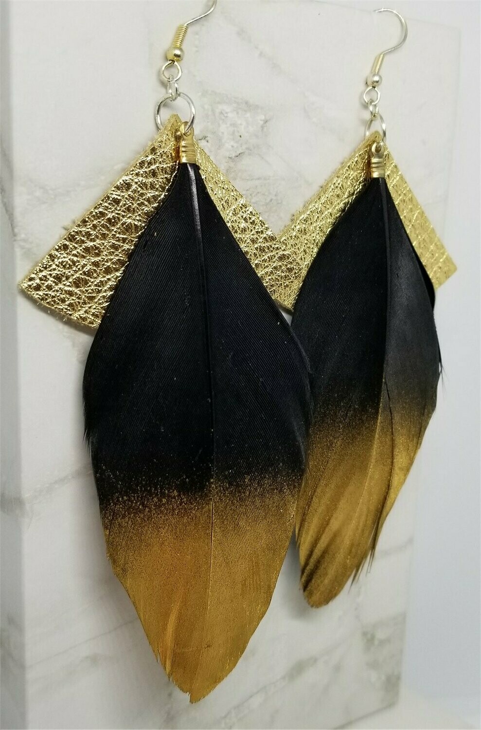 Metallic Gold Fan Shaped Leather Earrings with Black and Gold Feathers