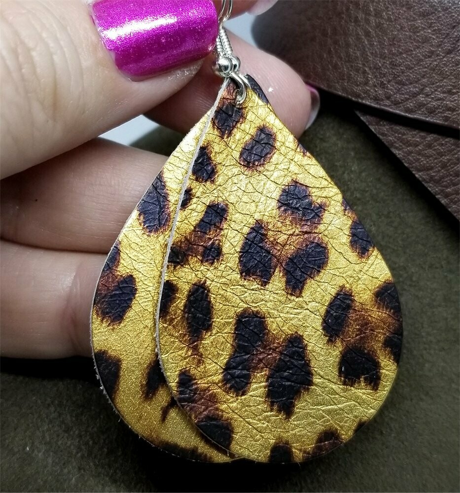 Metallic Leopard Print Teardrop Shaped Leather Earrings