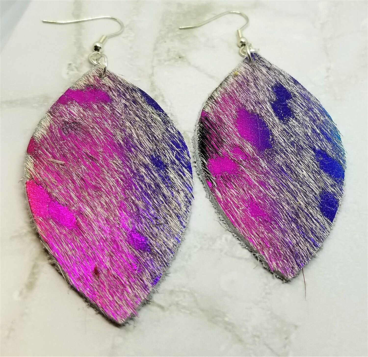 Metallic Pink and Purple with White Hair on Hide Leather Almond Shaped Earrings