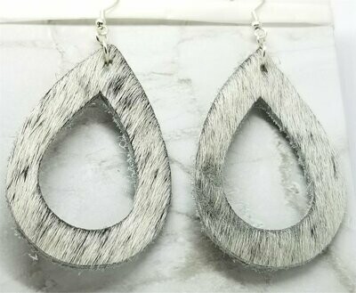 Off White Hair on Hide Real Leather Tear Drop Cut Out Earrings