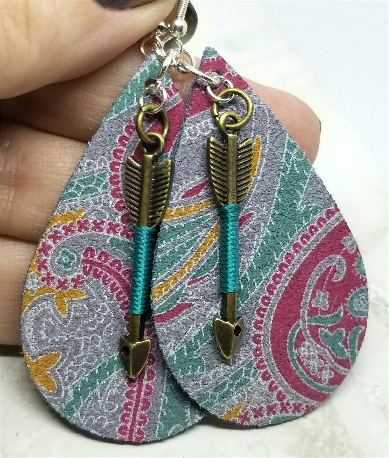 Paisley Real Leather Tear Drop Earrings with Arrow Dangles