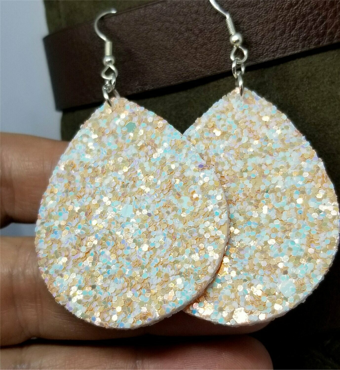 Pastel Orange and Blue Very Sparkly Double Sided FAUX Leather Teardrop Earrings