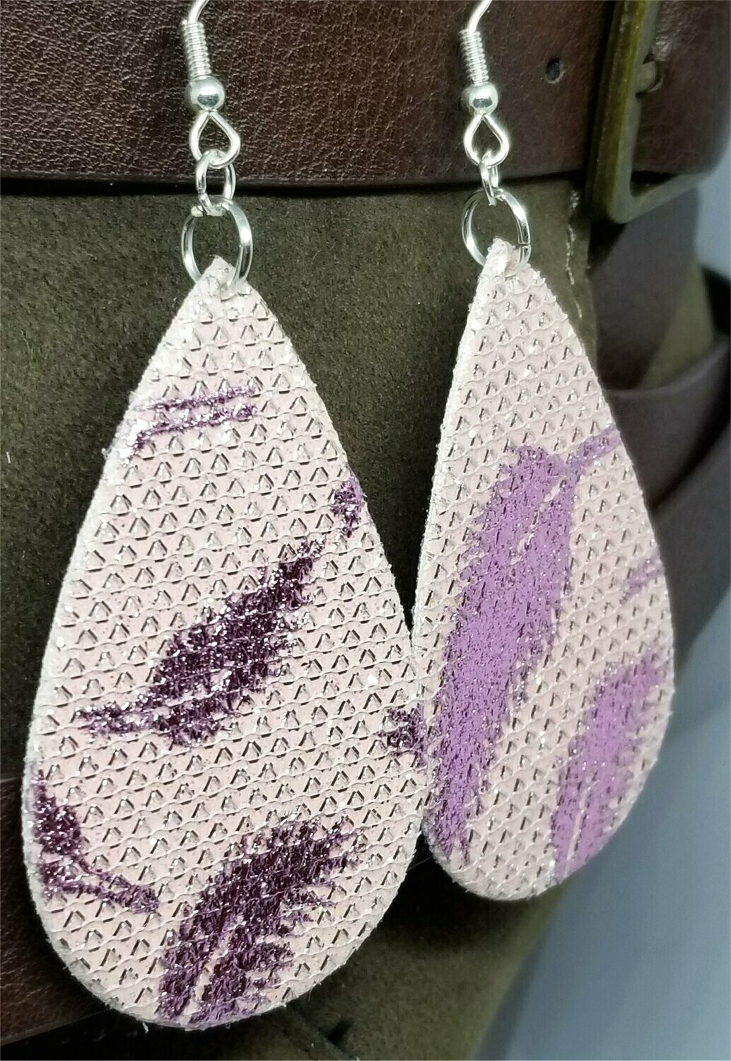 Pink Glittering FAUX Leather Teardrop Earrings with Metallic Feathers Printed On Them