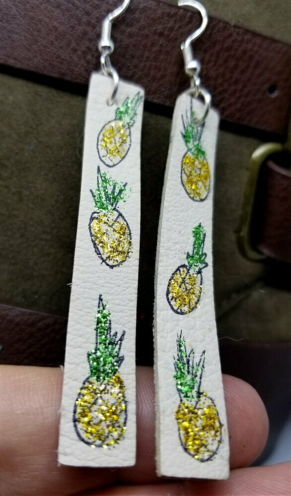 Pineapple Themed Hand Painted Off White Real Leather Strip Earrings