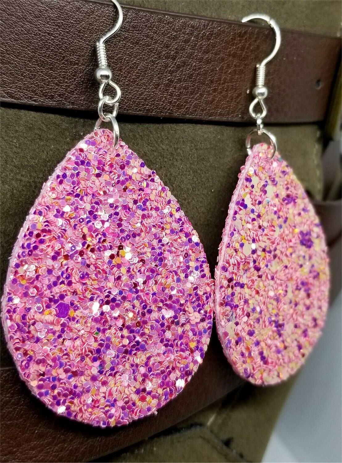 Pink Coral Color Shifting Glitter Very Sparkly Double Sided FAUX Leather Teardrop Earrings