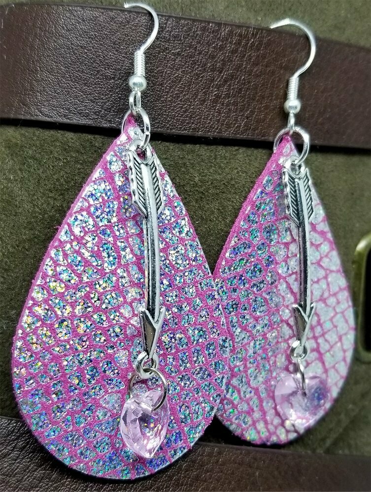 Pink with Crackle Holographic Finish Real Leather Teardrop Shaped Earrings with Arrow Charm and Crystal Heart Dangle