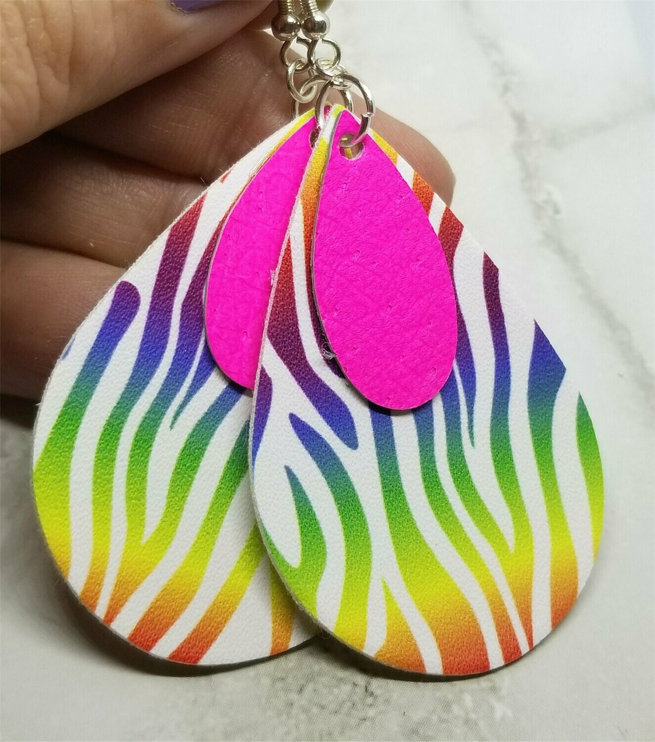 Rainbow Tiger Stripes Tear Drop Shaped FAUX Leather Earrings with Hot Pink Embellishment
