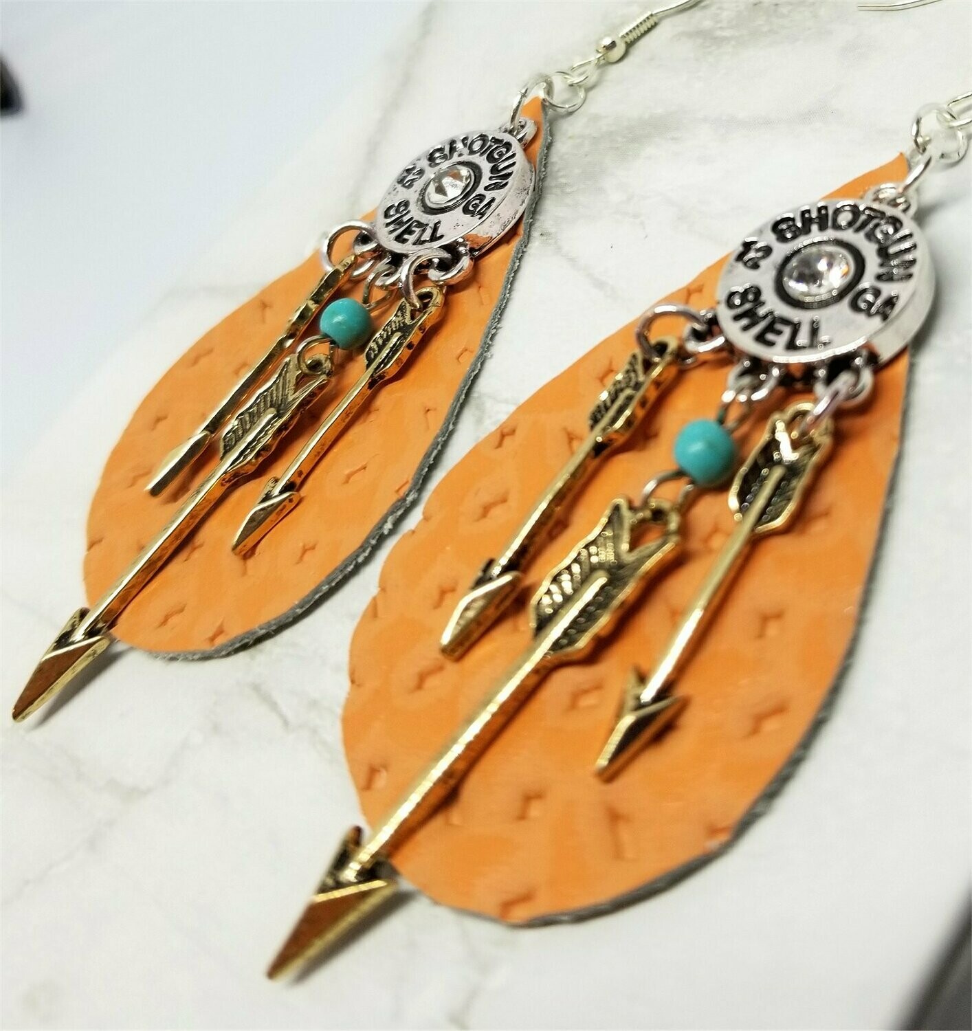 Real Leather Tear Drop Earrings with Arrows Dangling from a Shotgun Shell Charm