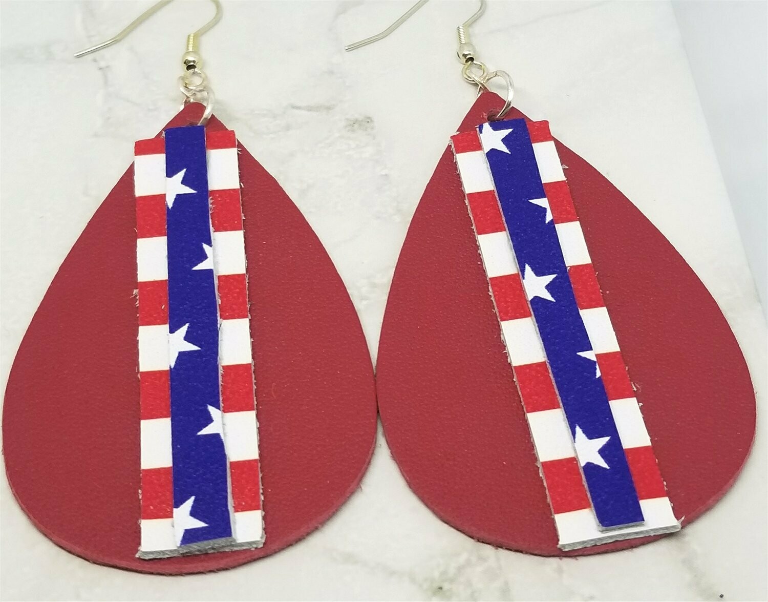 Red Americana Leather Earrings with Stars and Stripe Strips as an Overlay