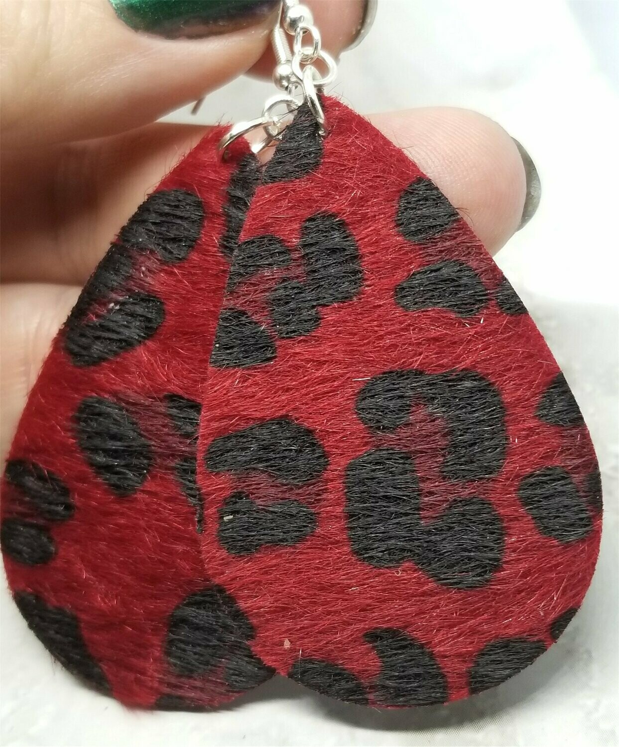 Red and Black Leopard Print Hair on Hide FAUX Leather Teardrop Earrings
