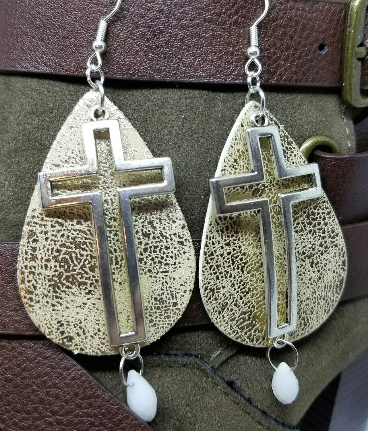 Worn Gold Faux Leather Earrings with Silver Cross and White Alabaster Briolette Crystal Dangles