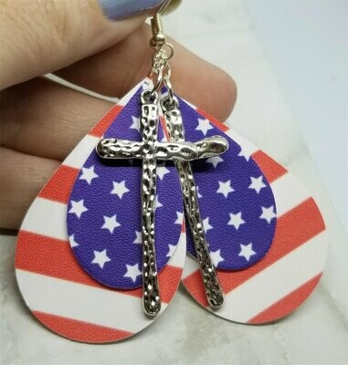 Red and White Striped Faux Leather Earrings and a Blue with White Stars Faux Leather and Silver Metal Cross Charm Overlay