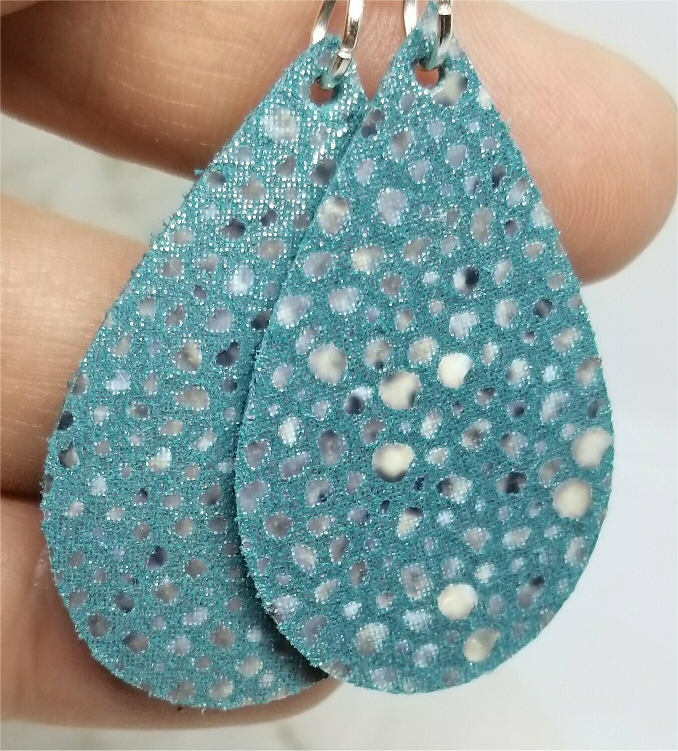 Shimmering Blue and Gray Small Tear Drop Shaped Real Leather Earrings