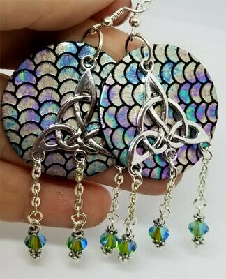 Shimmering Mermaid Real Leather Circle Earrings with a Triquetra Chandelier Overlay and Swarovski Crystal Dangles