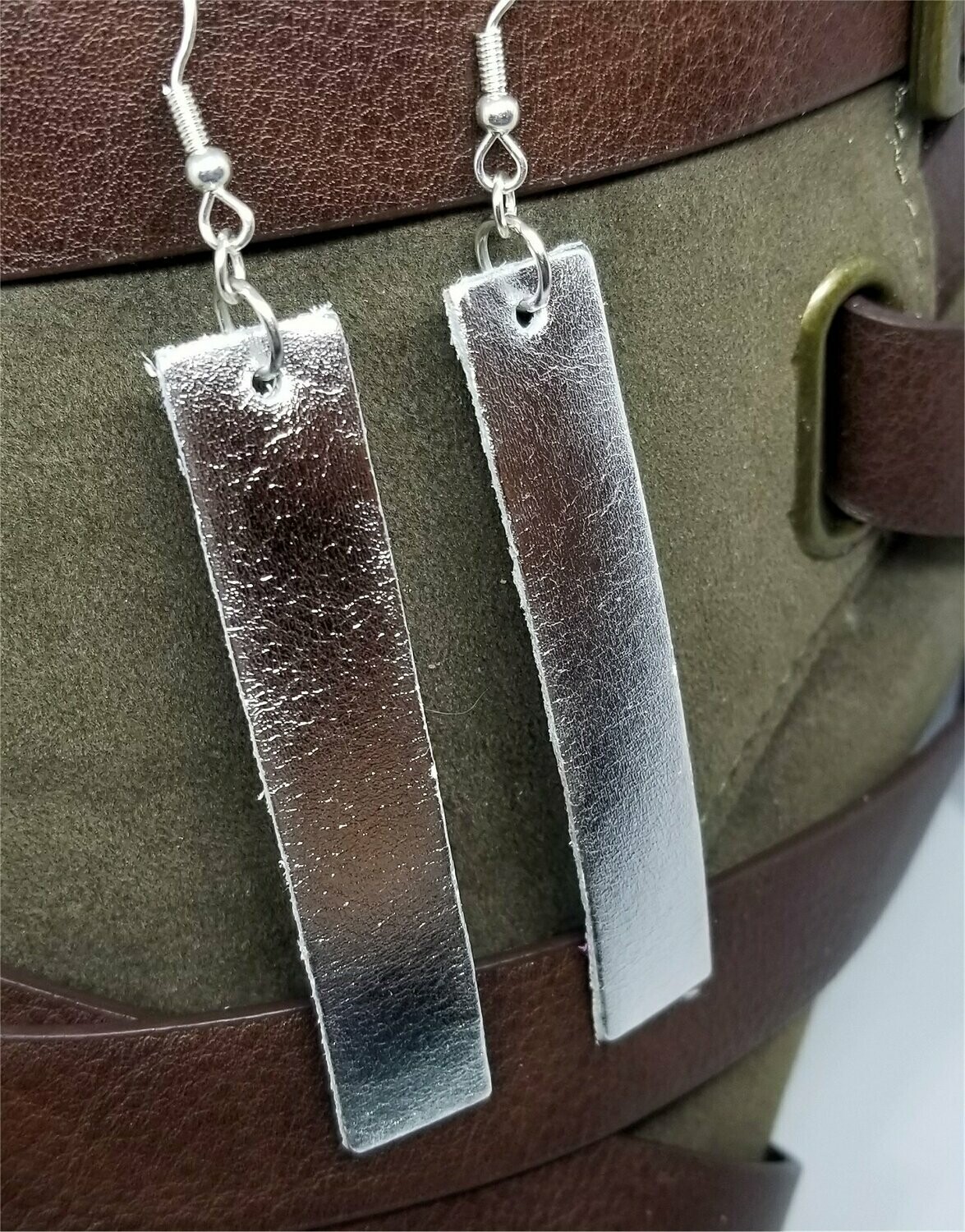 Silver Metallic Finished Long Rectangular Real Leather Earrings